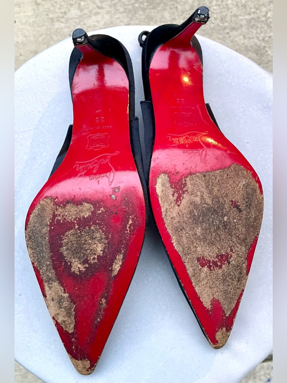 Christian Louboutin Black Satin Pointed-Toe Slingback Pumps Size 6 - Picture 11 of 15
